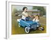 Little Boy in Toy Car with Girl Leaning on it Outside Old Fashioned Diner-David Lindsley-Framed Giclee Print