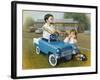 Little Boy in Toy Car with Girl Leaning on it Outside Old Fashioned Diner-David Lindsley-Framed Giclee Print