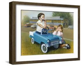 Little Boy in Toy Car with Girl Leaning on it Outside Old Fashioned Diner-David Lindsley-Framed Giclee Print