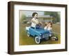 Little Boy in Toy Car with Girl Leaning on it Outside Old Fashioned Diner-David Lindsley-Framed Giclee Print