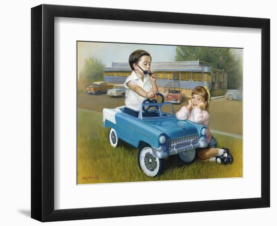 Little Boy in Toy Car with Girl Leaning on it Outside Old Fashioned Diner-David Lindsley-Framed Giclee Print