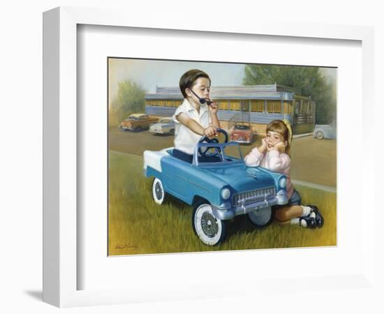 Little Boy in Toy Car with Girl Leaning on it Outside Old Fashioned Diner-David Lindsley-Framed Giclee Print