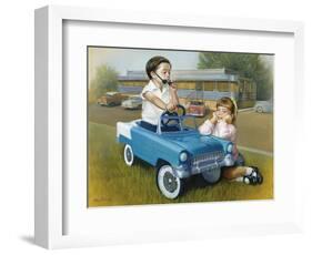 Little Boy in Toy Car with Girl Leaning on it Outside Old Fashioned Diner-David Lindsley-Framed Giclee Print