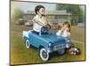 Little Boy in Toy Car with Girl Leaning on it Outside Old Fashioned Diner-David Lindsley-Mounted Giclee Print