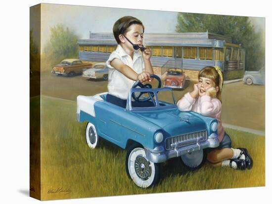 Little Boy in Toy Car with Girl Leaning on it Outside Old Fashioned Diner-David Lindsley-Stretched Canvas