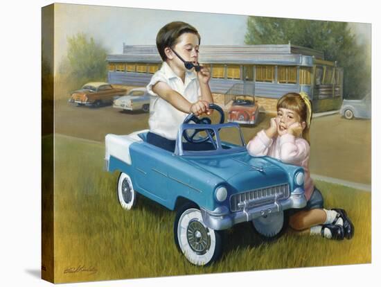 Little Boy in Toy Car with Girl Leaning on it Outside Old Fashioned Diner-David Lindsley-Stretched Canvas