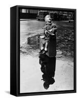 Little Boy Sits on His Suitcase Waiting for a Train to Take Him to the Seaside-null-Framed Stretched Canvas