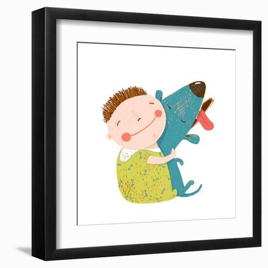 Little Boy with a Dog Hugging. Child Happiness with Friend Animal, Vector Illustration.-Popmarleo-Framed Art Print