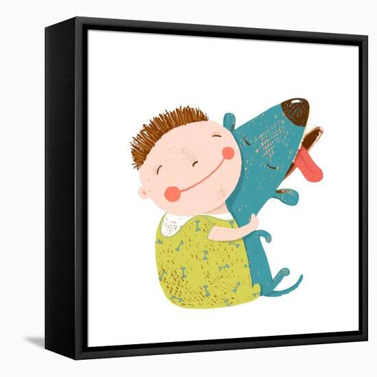 Little Boy with a Dog Hugging. Child Happiness with Friend Animal, Vector Illustration.-Popmarleo-Framed Stretched Canvas