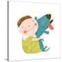Little Boy with a Dog Hugging. Child Happiness with Friend Animal, Vector Illustration.-Popmarleo-Stretched Canvas