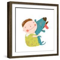 Little Boy with a Dog Hugging. Child Happiness with Friend Animal, Vector Illustration.-Popmarleo-Framed Art Print