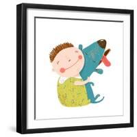 Little Boy with a Dog Hugging. Child Happiness with Friend Animal, Vector Illustration.-Popmarleo-Framed Art Print