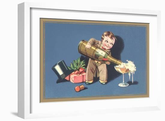 Little Boy with Big Champagne Bottle-null-Framed Art Print