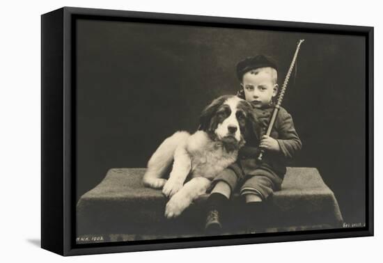 Little boy with dog (b/w photo)-German Photographer-Framed Stretched Canvas