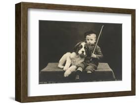 Little boy with dog (b/w photo)-German Photographer-Framed Photographic Print