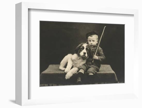 Little boy with dog (b/w photo)-German Photographer-Framed Photographic Print