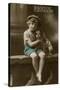 Little Boy with Spaniel on a Birthday Postcard-null-Stretched Canvas