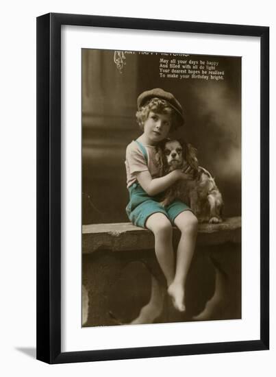 Little Boy with Spaniel on a Birthday Postcard-null-Framed Photographic Print