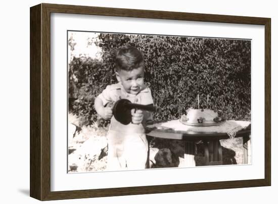 Little Boy with Toy Machine Gun and Cake-null-Framed Art Print