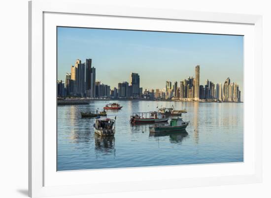 Little fishing boats and the skyline of Panama City, Panama, Central America-Michael Runkel-Framed Photographic Print