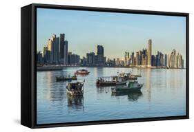Little fishing boats and the skyline of Panama City, Panama, Central America-Michael Runkel-Framed Stretched Canvas