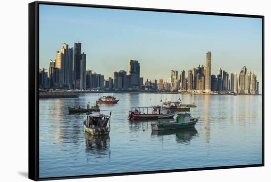 Little fishing boats and the skyline of Panama City, Panama, Central America-Michael Runkel-Framed Stretched Canvas