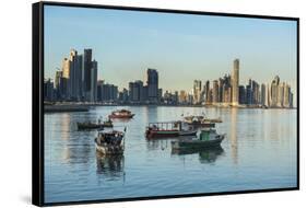 Little fishing boats and the skyline of Panama City, Panama, Central America-Michael Runkel-Framed Stretched Canvas