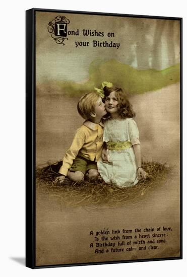 Little Girl and Boy on Birthday Postcard-null-Framed Stretched Canvas