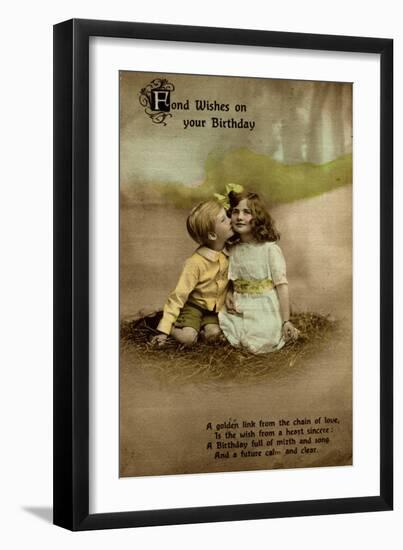 Little Girl and Boy on Birthday Postcard-null-Framed Art Print