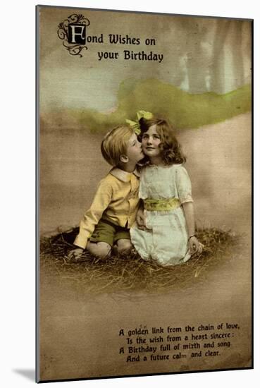 Little Girl and Boy on Birthday Postcard-null-Mounted Art Print