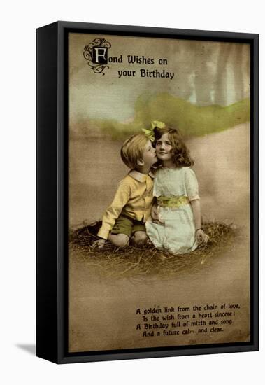 Little Girl and Boy on Birthday Postcard-null-Framed Stretched Canvas