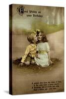 Little Girl and Boy on Birthday Postcard-null-Stretched Canvas