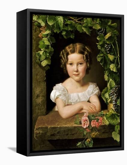 Little Girl at the Window Entwined with Vine Leaves-Ferdinand Georg Waldmüller-Framed Stretched Canvas