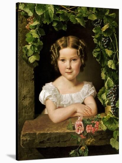 Little Girl at the Window Entwined with Vine Leaves-Ferdinand Georg Waldmüller-Stretched Canvas