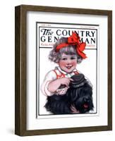 "Little Girl Brushing Dog," Country Gentleman Cover, July 7, 1923-E.M. Wireman-Framed Giclee Print