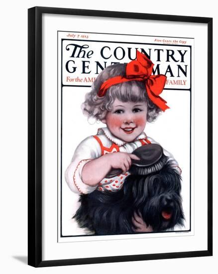 "Little Girl Brushing Dog," Country Gentleman Cover, July 7, 1923-E.M. Wireman-Framed Giclee Print