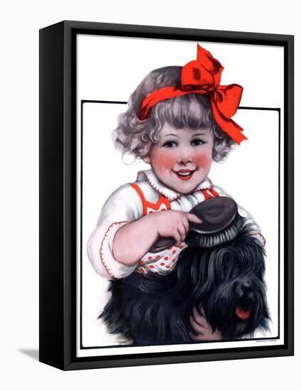 "Little Girl Brushing Dog,"July 7, 1923-E.M. Wireman-Framed Stretched Canvas