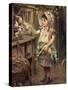 Little Girl Feeding Rabbits-null-Stretched Canvas