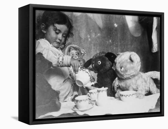 Little Girl Hosts a Tea Party, Three Bears and a Doll Attend-null-Framed Stretched Canvas