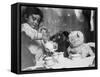Little Girl Hosts a Tea Party, Three Bears and a Doll Attend-null-Framed Stretched Canvas