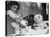 Little Girl Hosts a Tea Party, Three Bears and a Doll Attend-null-Stretched Canvas