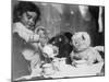 Little Girl Hosts a Tea Party, Three Bears and a Doll Attend-null-Mounted Photographic Print