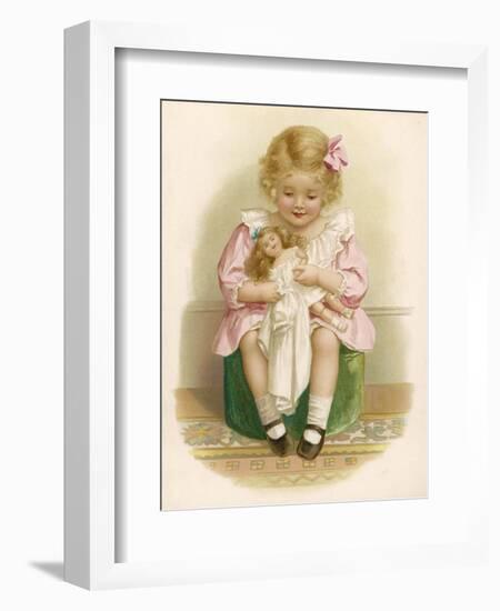 Little Girl in a Pink Dress with a Pink Ribbon in Her Hair Dresses Her Doll-Ida Waugh-Framed Art Print