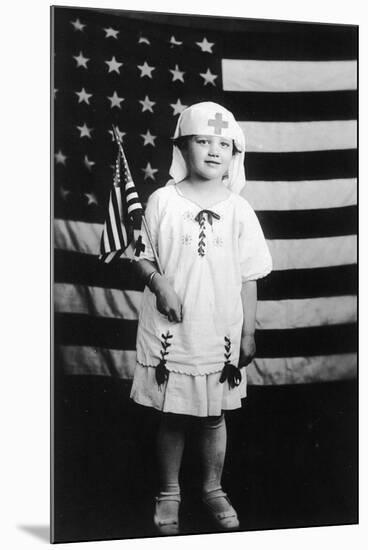 Little Girl in Nurses Outfit Holding US Flag-Lantern Press-Mounted Art Print