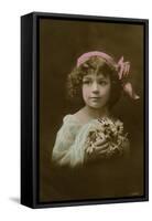 Little Girl in Pink, Blue and White with Flowers-null-Framed Stretched Canvas