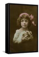 Little Girl in Pink, Blue and White with Flowers-null-Framed Stretched Canvas
