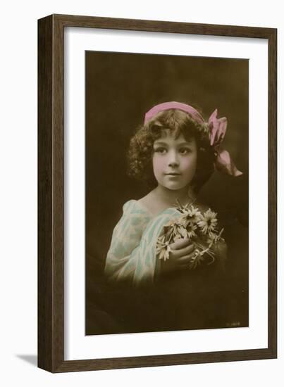 Little Girl in Pink, Blue and White with Flowers-null-Framed Photographic Print