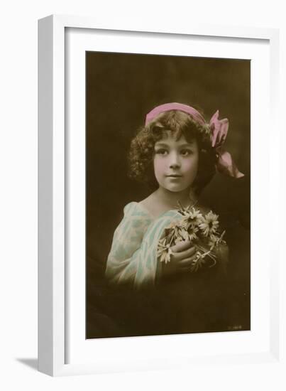 Little Girl in Pink, Blue and White with Flowers-null-Framed Photographic Print