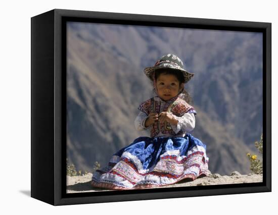 Little Girl in Traditional Dress, Colca Canyon, Peru, South America-Jane Sweeney-Framed Stretched Canvas