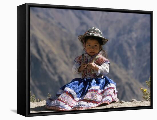 Little Girl in Traditional Dress, Colca Canyon, Peru, South America-Jane Sweeney-Framed Stretched Canvas